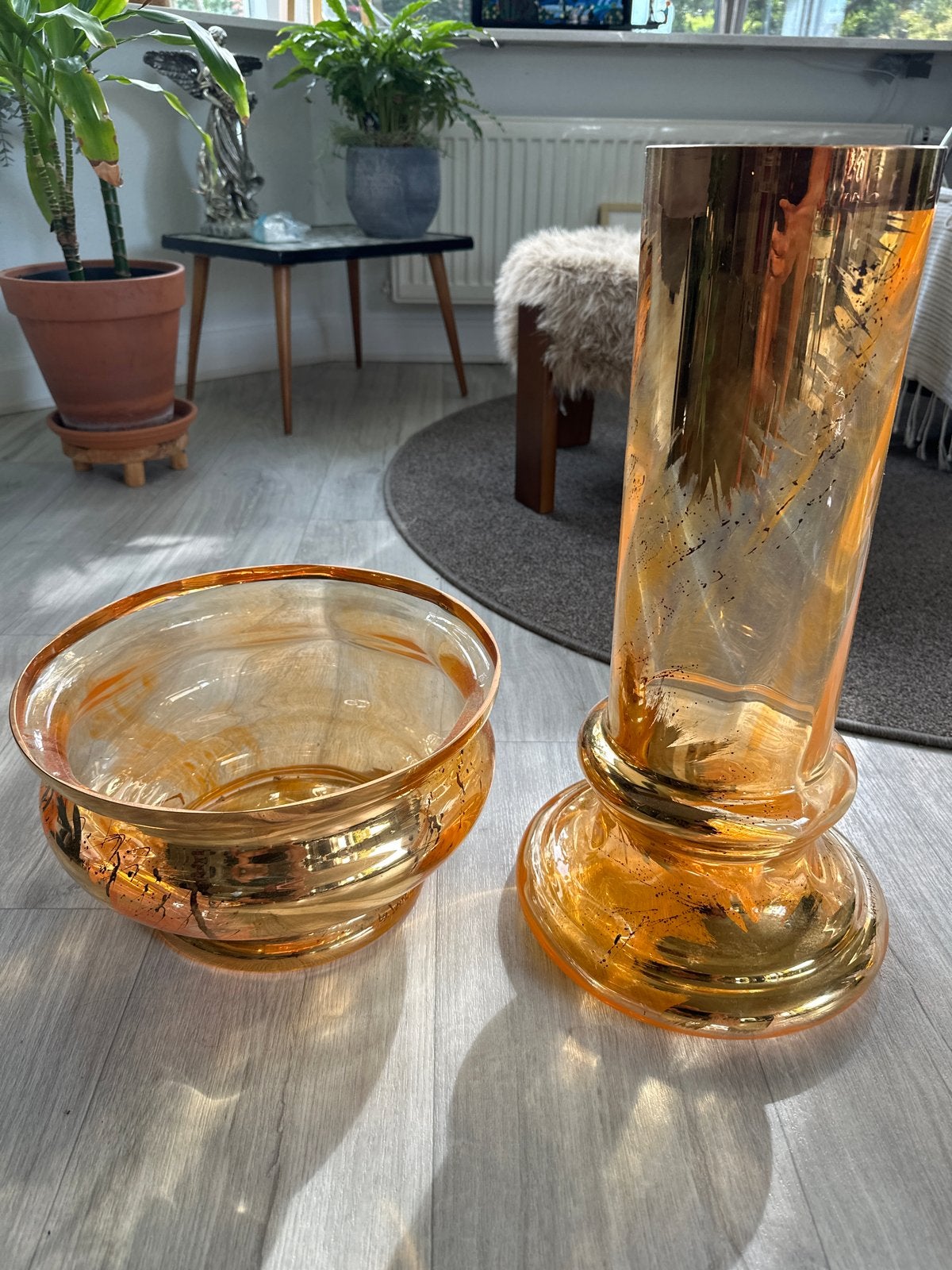 Kosta Boda Oranje met Goud Beschilderde Vaas en Kom Set, Ophalen of Verzenden