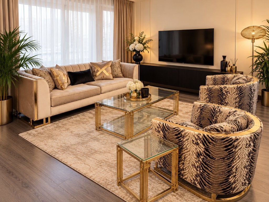 Luxe Woonkamerset, Beige Bank, 2 Fauteuils en Glazen Tafels, Ophalen, Zo goed als nieuw, Metaal