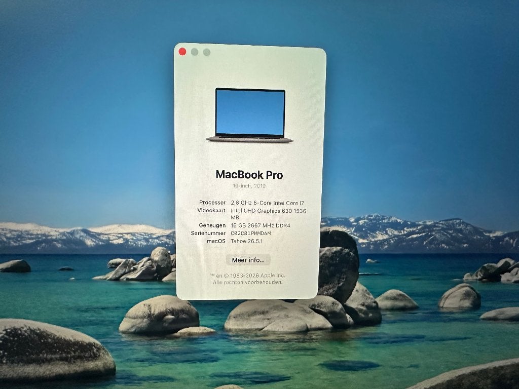 Macbook Pro 2019  i7 2.6ghz 16gb 512gb Touchbar 16inch, 512 GB, Apple, 16 inch, Ophalen