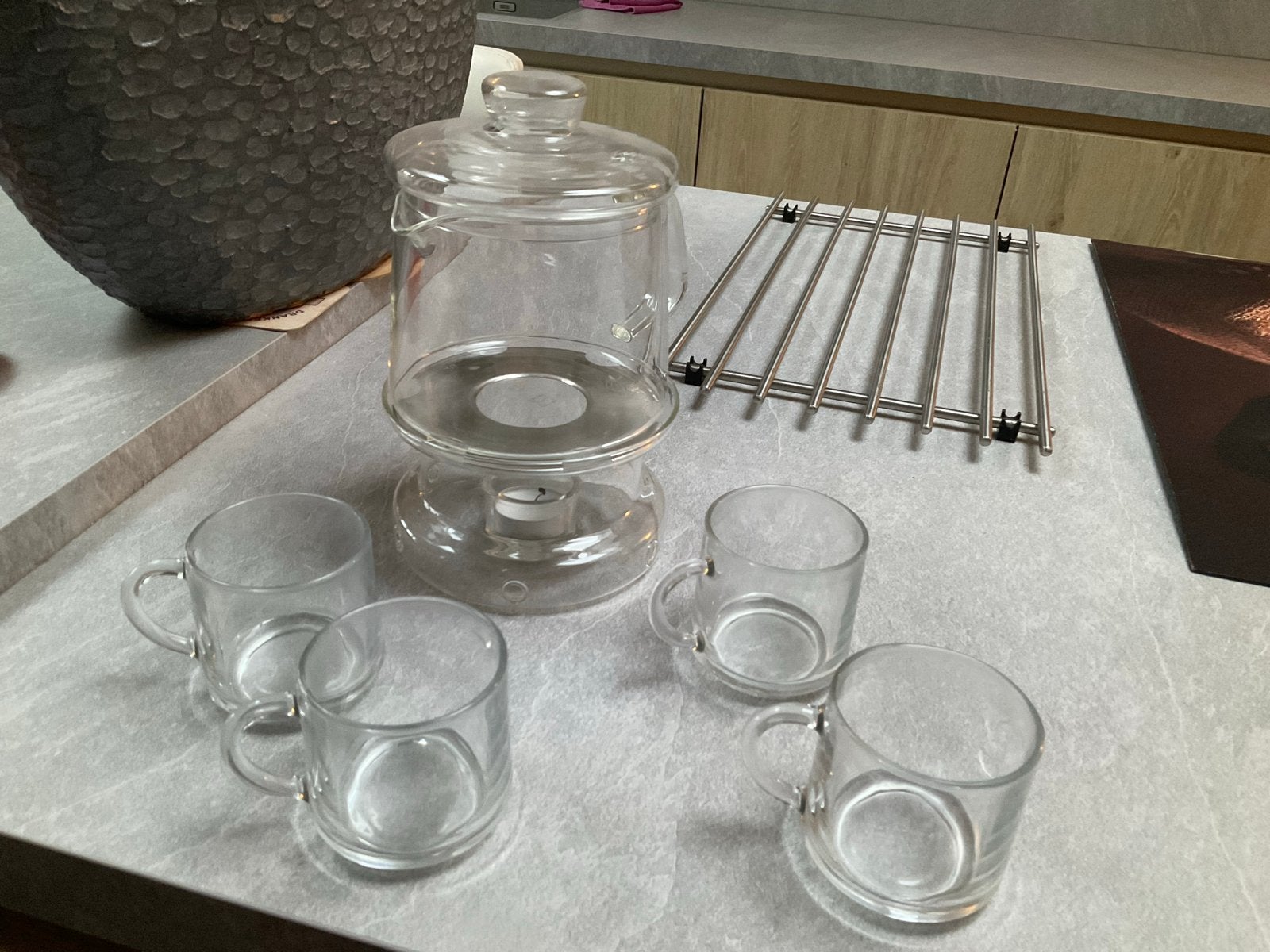 Glazen theepot met theelicht en 4 theekopjes van pickwick, Glas, Zo goed als nieuw, Overige merken, Ophalen