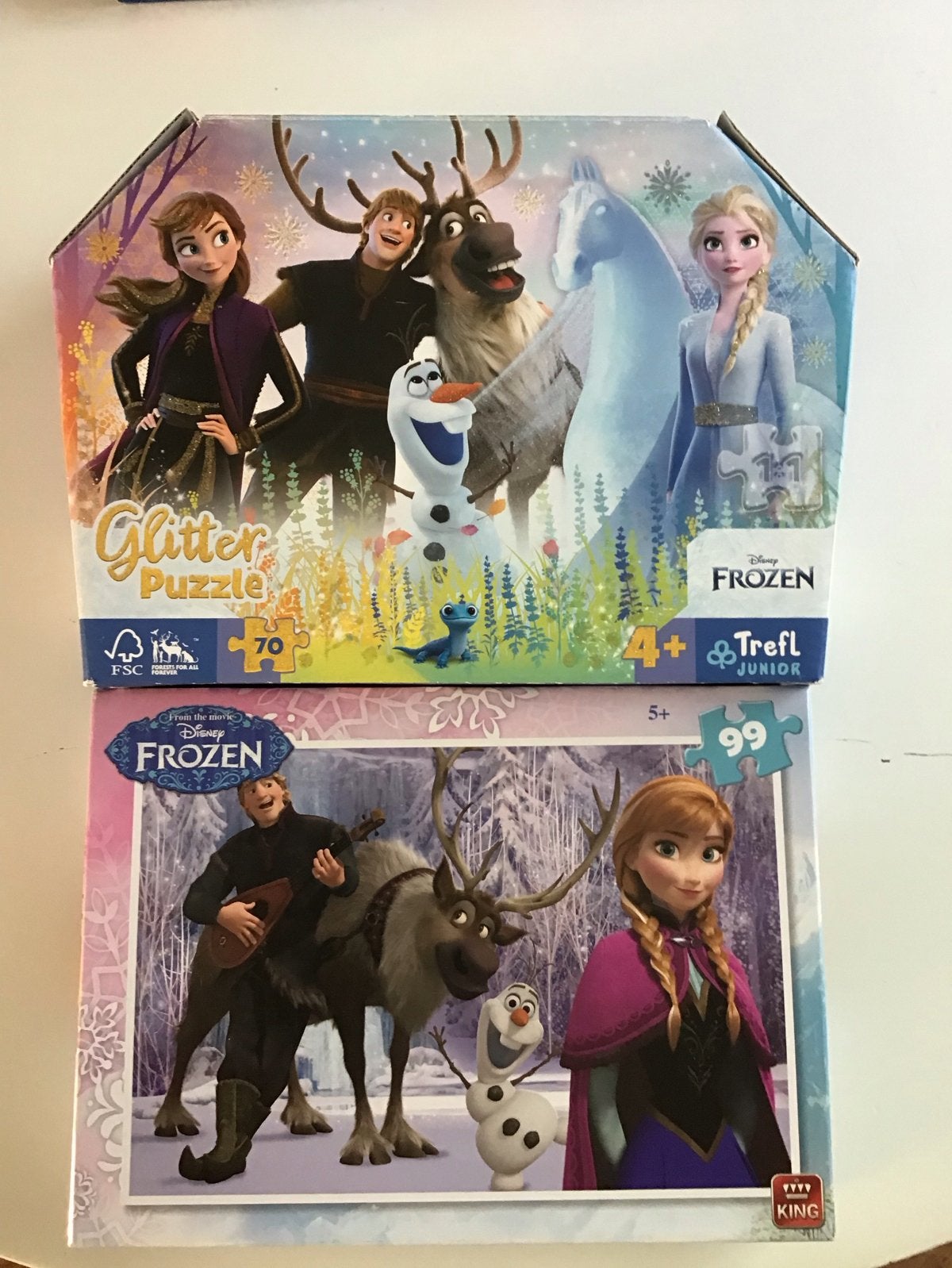 Disney Frozen Glitter Puzzel 70 en 99 stukjes, Ophalen of Verzenden, Meer dan 50 stukjes, Gebruikt, 4 tot 6 jaar