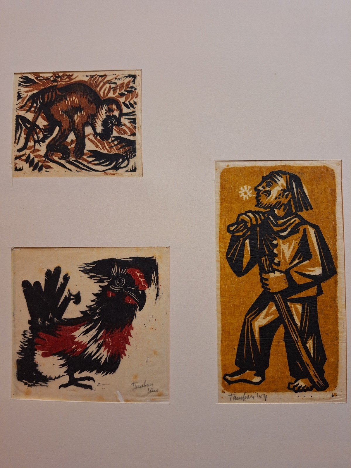 3 Houtsneden van Tamboer: Aap, Haan en Figuur, 1950 - 1999, Ophalen of Verzenden, Houtsnede, Flora en Fauna