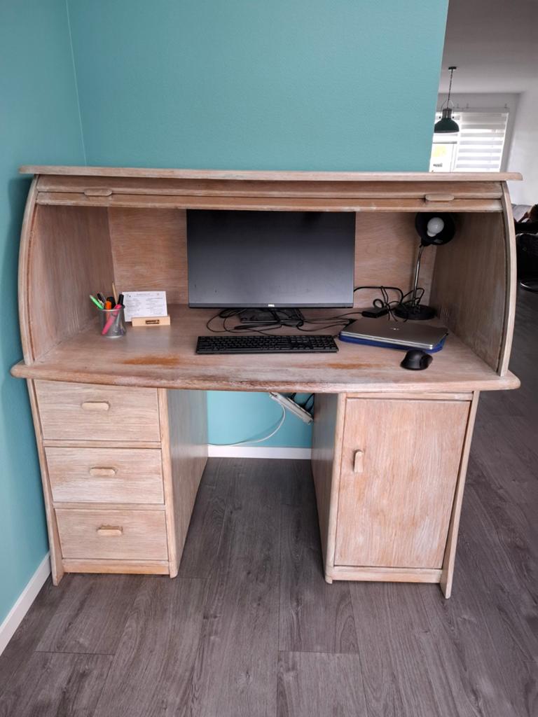 Secretaire Bureau met Rolluik en Opbergruimte, Ophalen, Met lades, Gebruikt, Hout