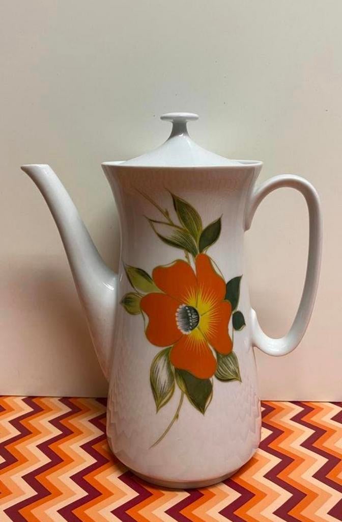 Opvallende Vintage Thee of Koffiepot met Oranje Bloem, Gebruikt, Overige typen, Ophalen of Verzenden, Overige stijlen