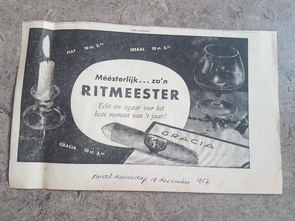 Advertentie Ritmeester sigaren (1957), Ophalen of Verzenden, 1940 tot 1960, Knipsel(s)