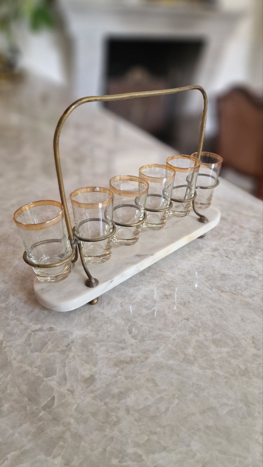 Vintage shotglaasjes set op marmeren voet (jaren 50/60), Antiek en Kunst, Antiek | Glas en Kristal, Ophalen of Verzenden
