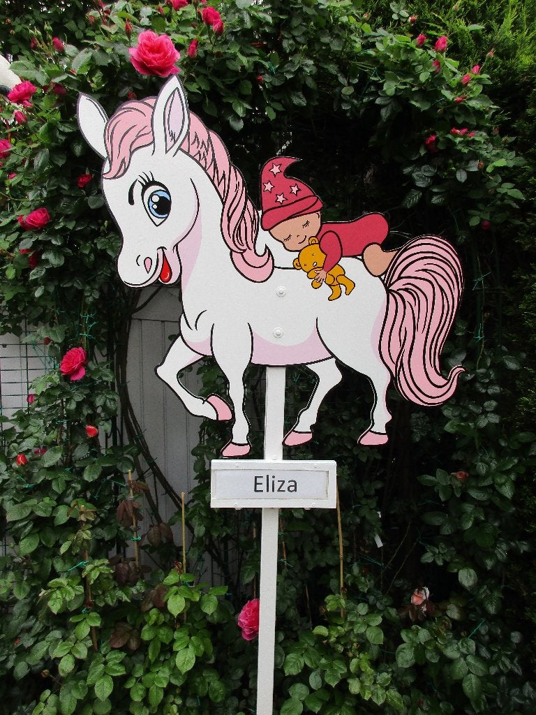 Geboortebord baby met beertje op schattig roze paardje, Ophalen, Nieuw, Geboortebord