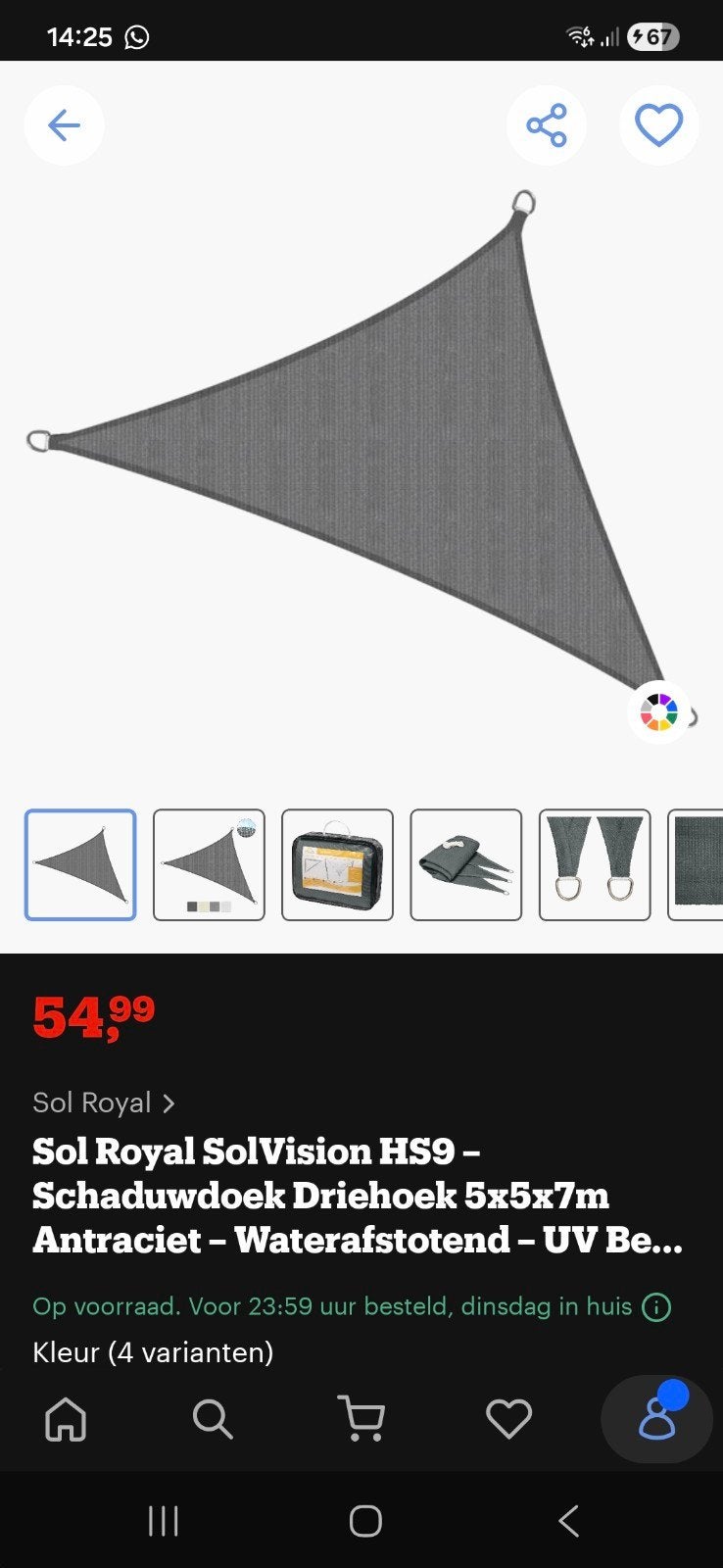 Sol Royal Schaduwdoek Driehoek 5x5x7m Antraciet, Ophalen of Verzenden, Zo goed als nieuw