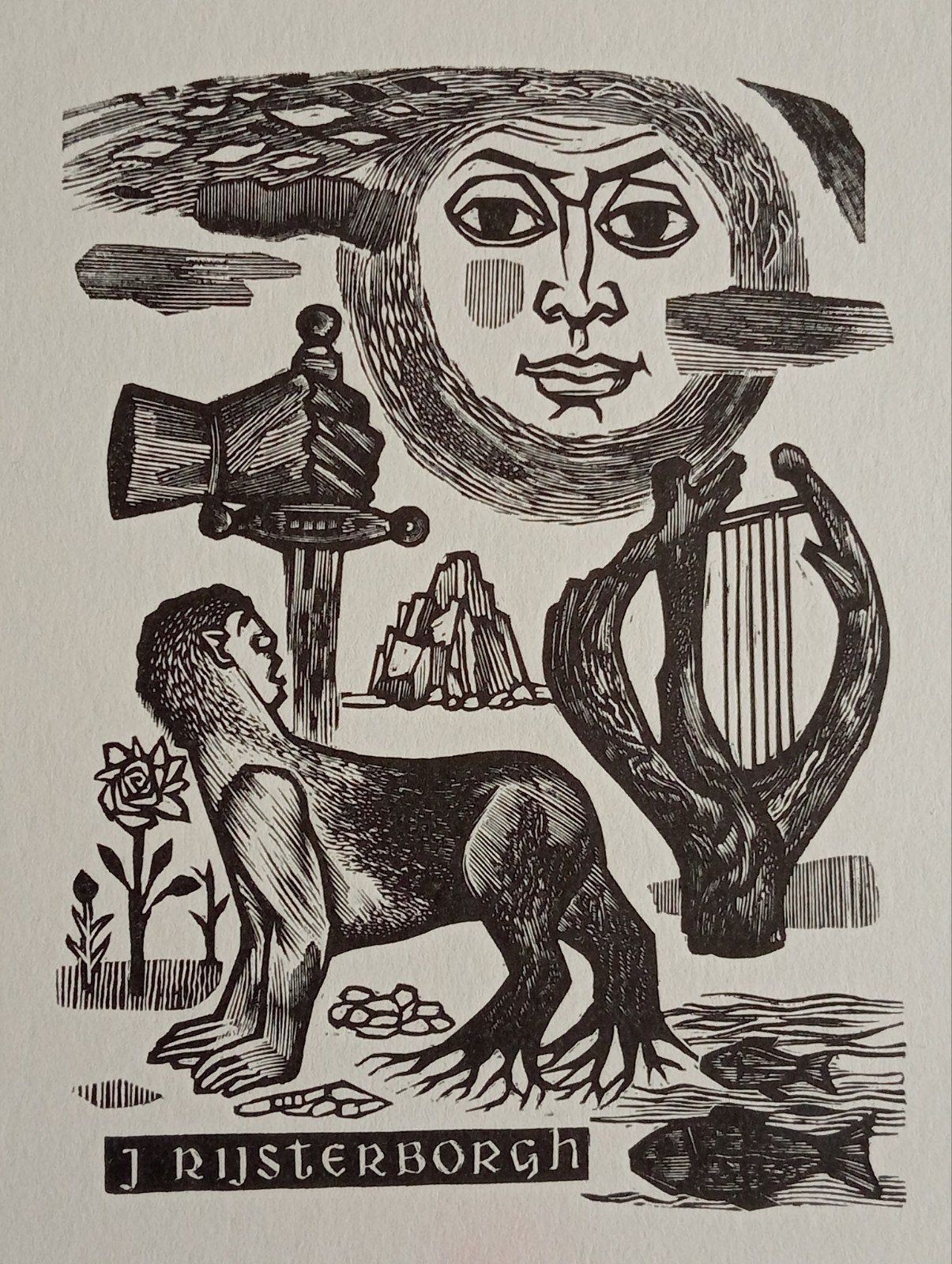 Ex Libris Houtsnede litho J.Rijsterborch, Ophalen of Verzenden