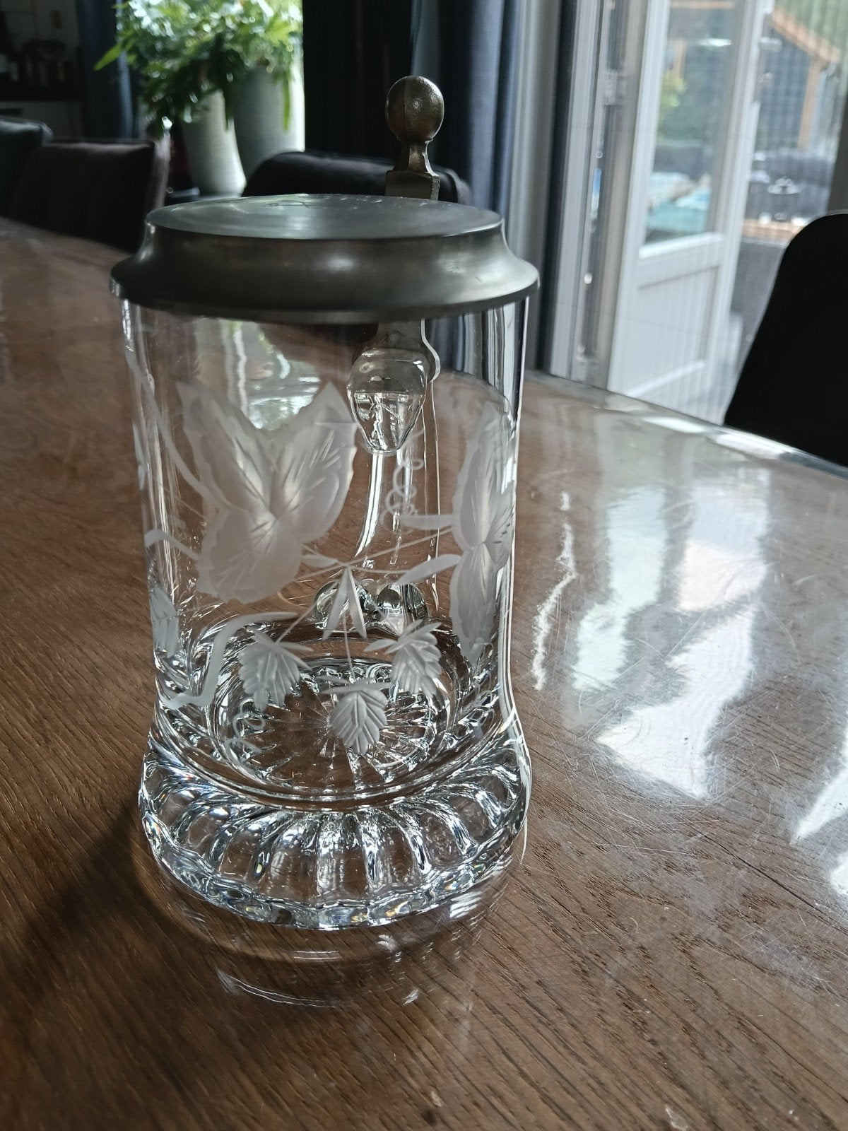 Antieke Glazen Bierpul met Tin Deksel - Gegraveerd, Antiek en Kunst, Ophalen of Verzenden