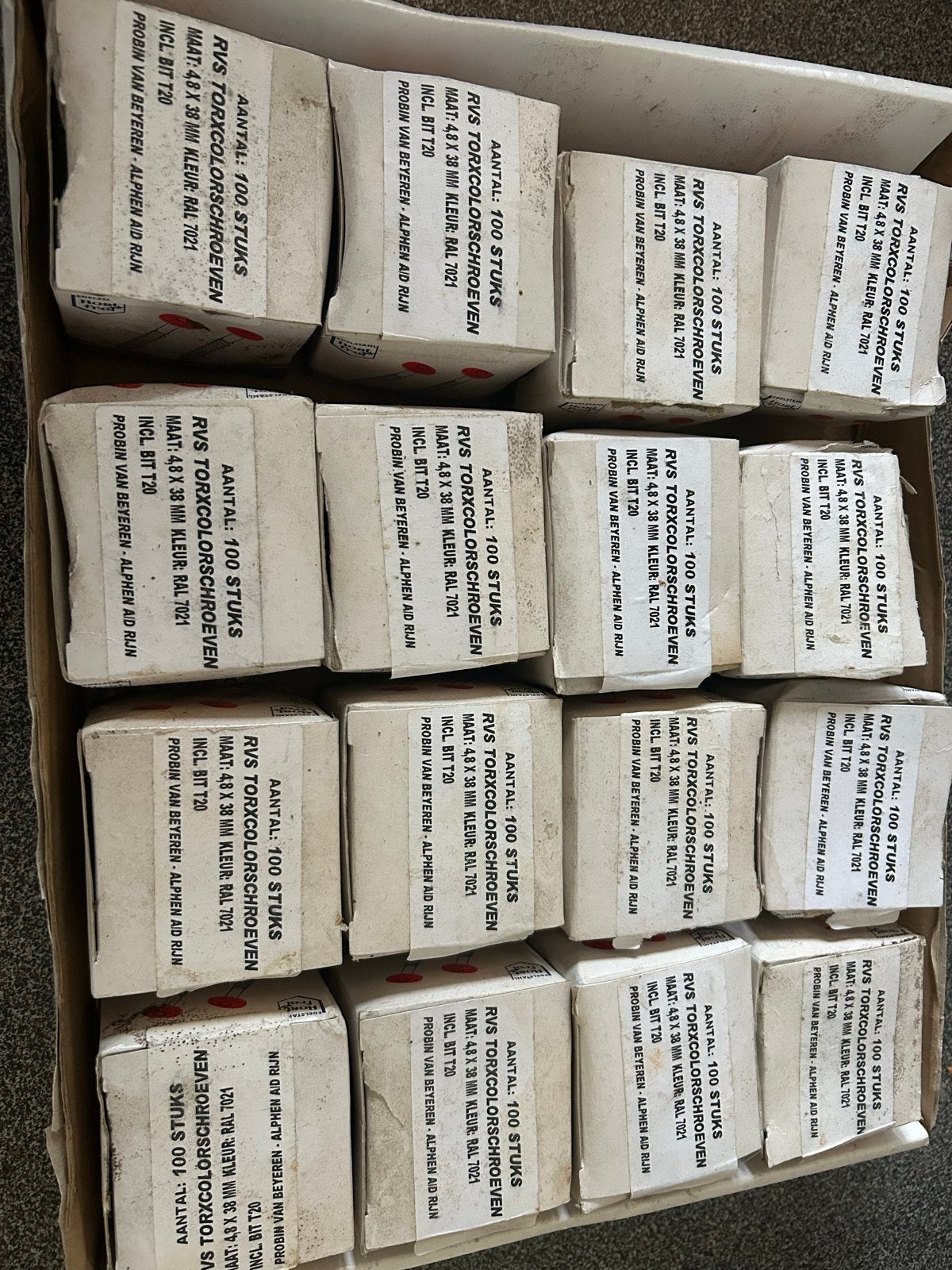 RVS Torxcolorschroeven 4.8x38mm RAL 7021 (1200 stuks), Verzenden, Schroeven, Nieuw, Minder dan 50 mm