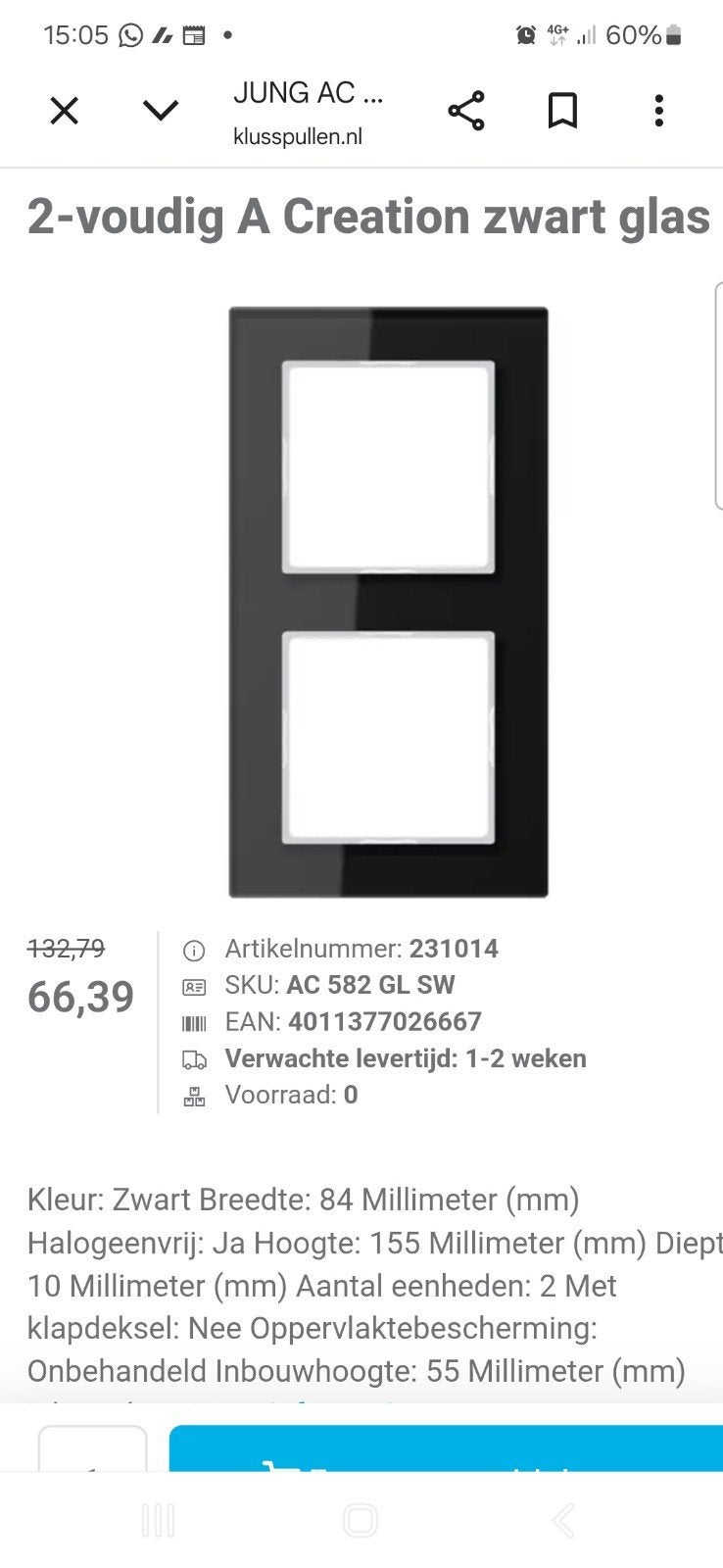 jung 2 vaks afdekraam met glas, Ophalen, Glas, Binnendeur, 200 tot 215 cm