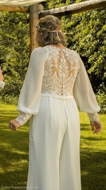 Waanzinnige witte bruids jumpsuit met veel kant, Wit, Ophalen of Verzenden, Zo goed als nieuw, Helene, Libelle Bridal