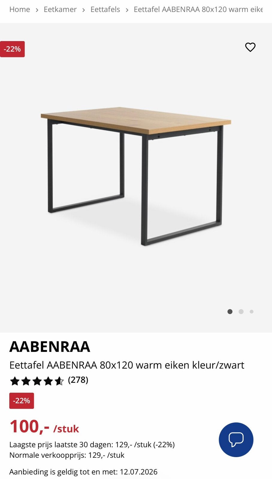 Jysk simpele eettafel 80x120, Huis en Inrichting, Ophalen, 100 tot 150 cm, 75 cm of meer, Zo goed als nieuw