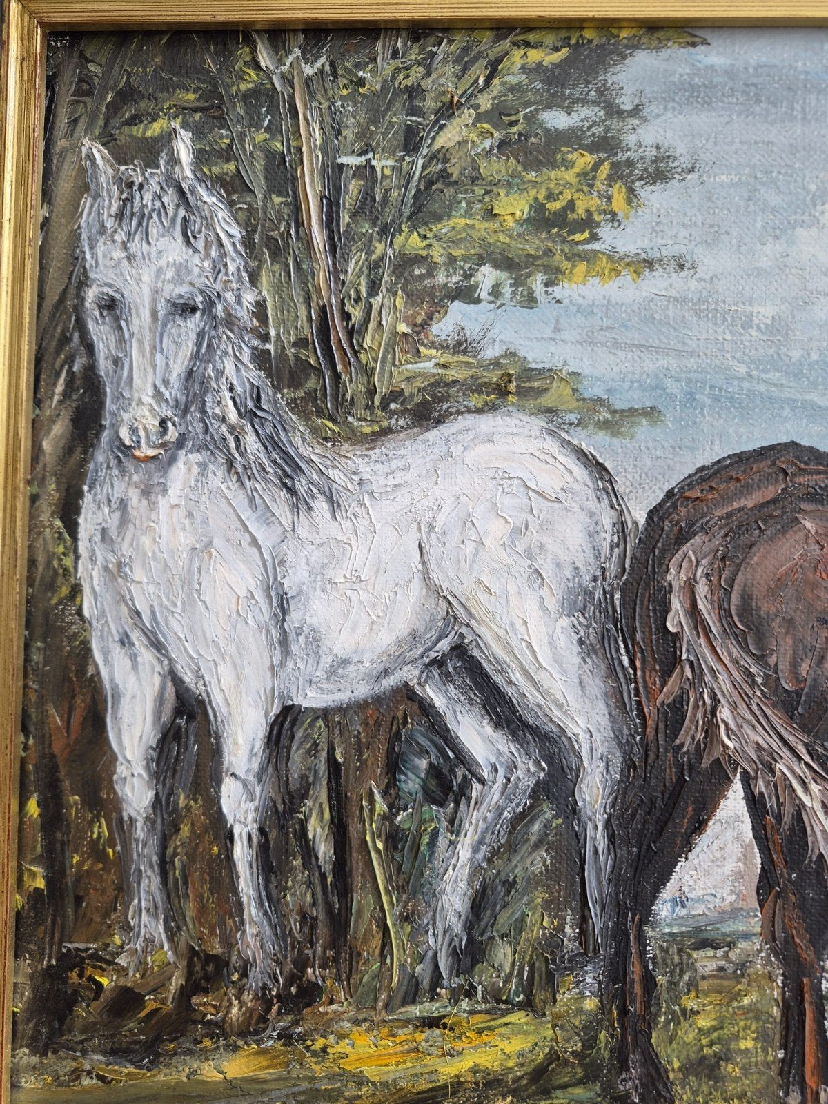 Origineel Duits Olieverf Schilderij  Twee Paarden - ca. 1970, Bijzondere lijst, Doek, Realistisch, Dieren