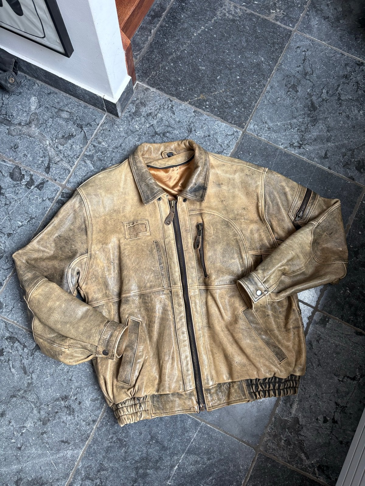 Vintage Leren Bomberjack - Maat L, Ophalen of Verzenden, Gedragen, Maat 52/54 (L), Beige