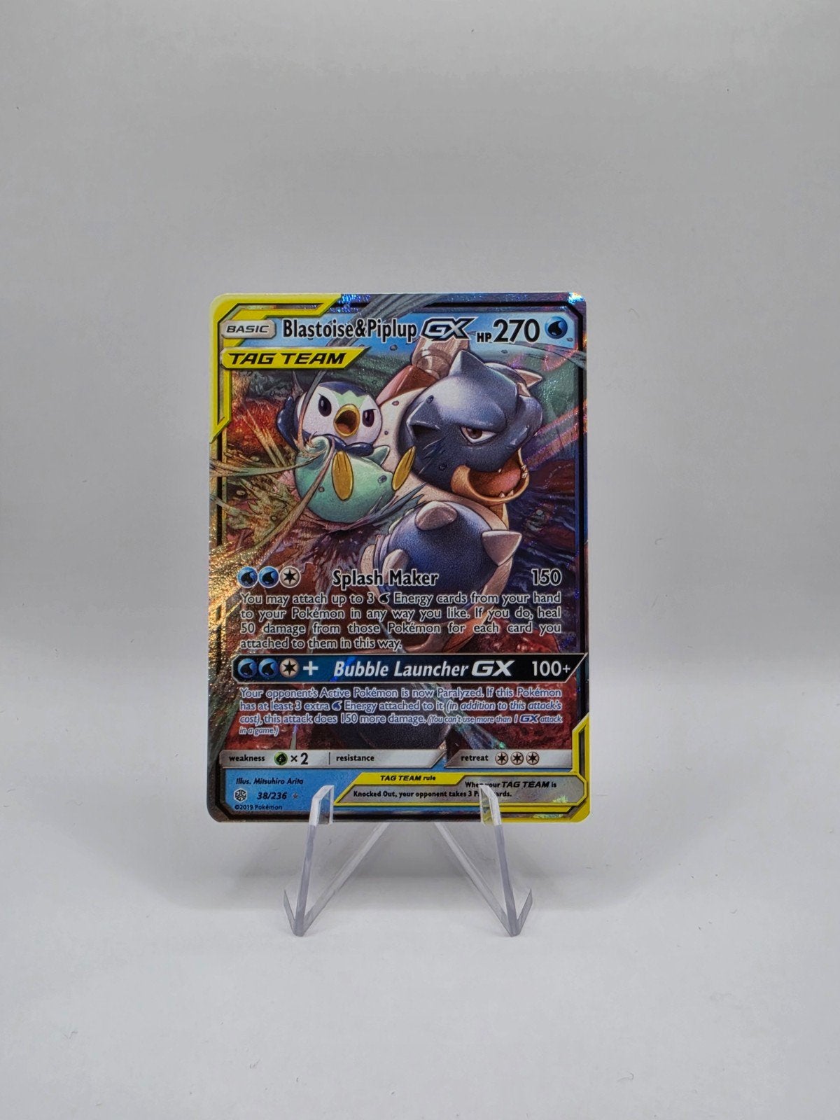 Blastoise & Piplup GX 270HP TAG TEAM Pokémon Kaart, Ophalen of Verzenden, Zo goed als nieuw, Losse kaart