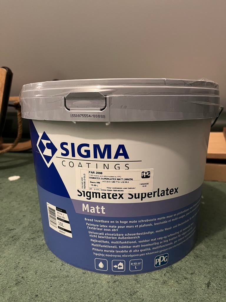 Sigma Sigmatex Matt 10L in Farrow & Ball kleur ‘Dimity’, Wit, Nieuw, Ophalen of Verzenden, Verf