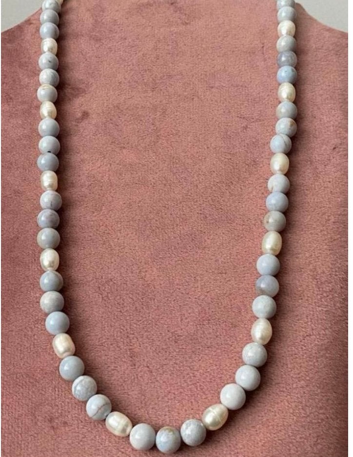 Parel & edelsteen chalcedoon ketting, Ophalen of Verzenden