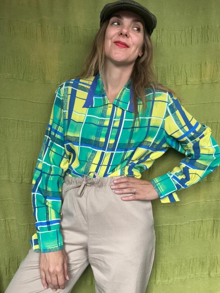 Vintage blouse, maat 42/XL - groen, geel, blauw - 90's, ,, Ophalen of Verzenden, Vintage, ,