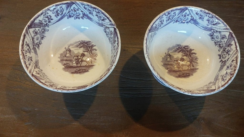 2 Antieke Petrus Regout kastkommen - decor Packhorse, Antiek en Kunst, Antiek | Keramiek en Aardewerk, Ophalen of Verzenden
