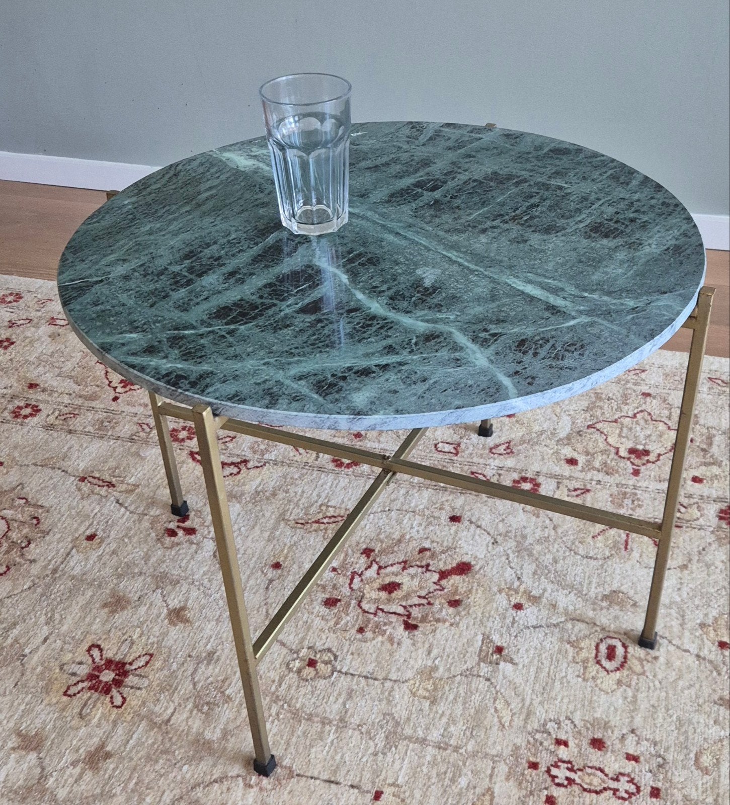 Salontafel rond marmeren blad messing onderstel inklapbaar, Ophalen, Gebruikt, 50 tot 100 cm, Overige materialen