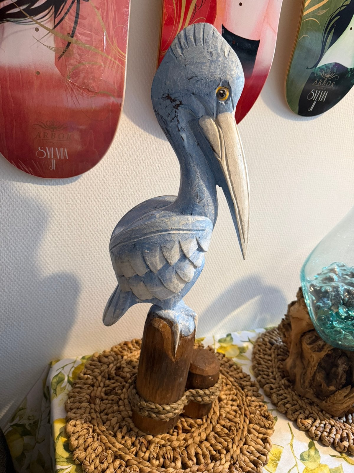 Grote hout houten pelikaan blauw Bali tuin woonaccessoire, Ophalen, Nieuw, Dier