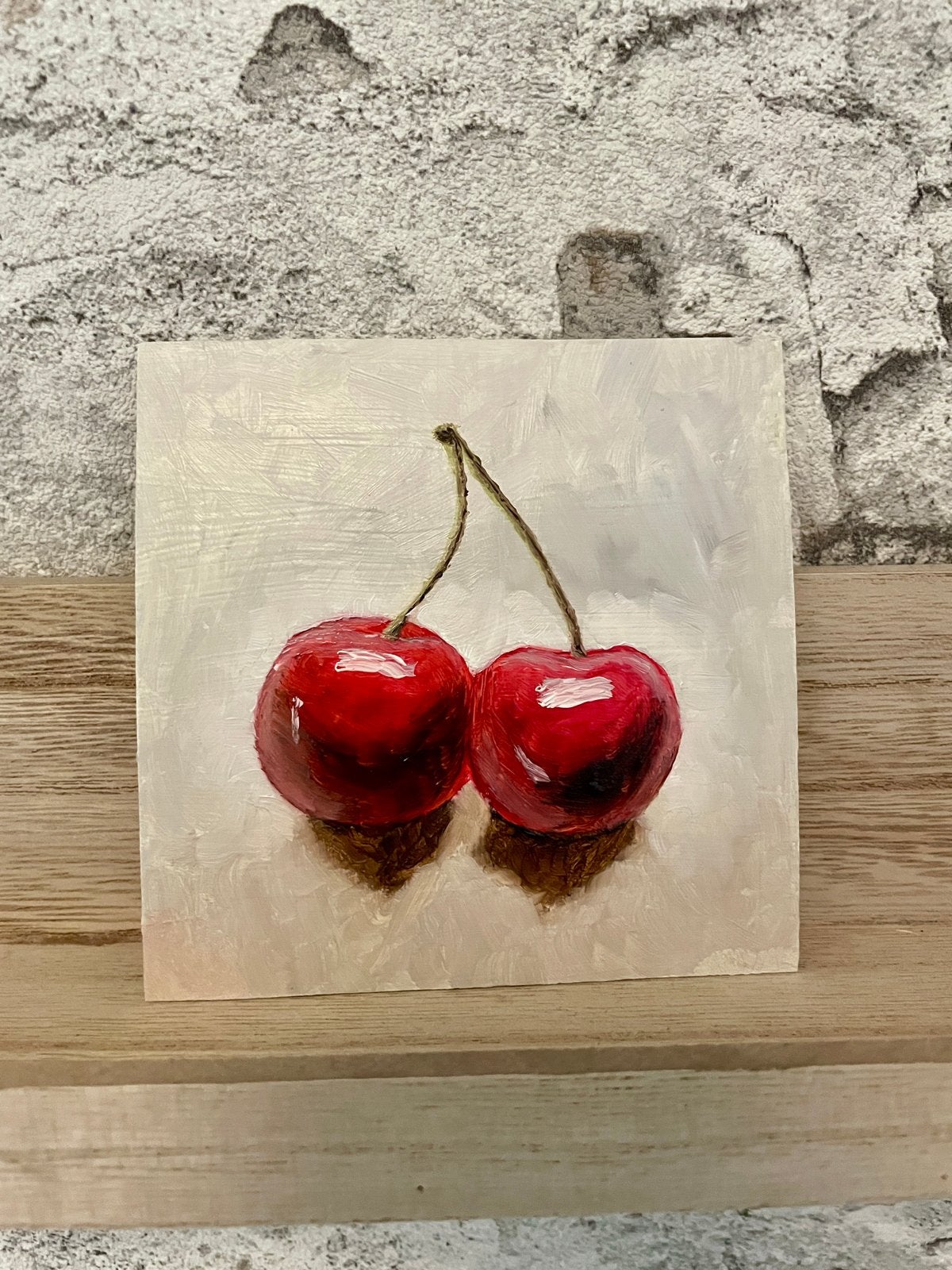 Schilderij van kersen - Olieverf op karton, Realistisch, Stilleven, Handgeschilderd, Olieverf