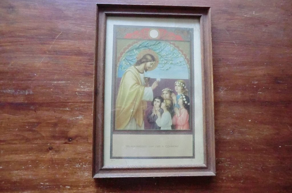 houten lijst - afbeelding ter herinnering aan uwe h.communie, Antiek en Kunst, Ophalen