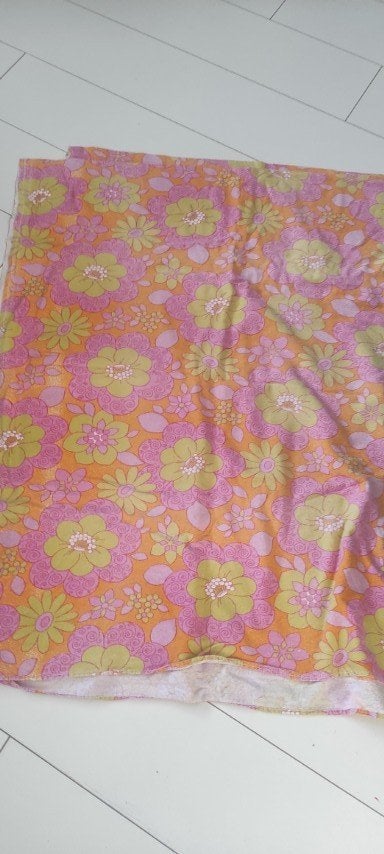 Vintage flanellen laken bloemen oranje geel roze, Gebruikt, Eenpersoons, Hoeslaken of Sloop, Geel