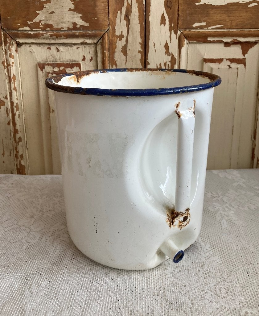Brocante oud emille Lavement - wit met blauwe bies, Ophalen of Verzenden