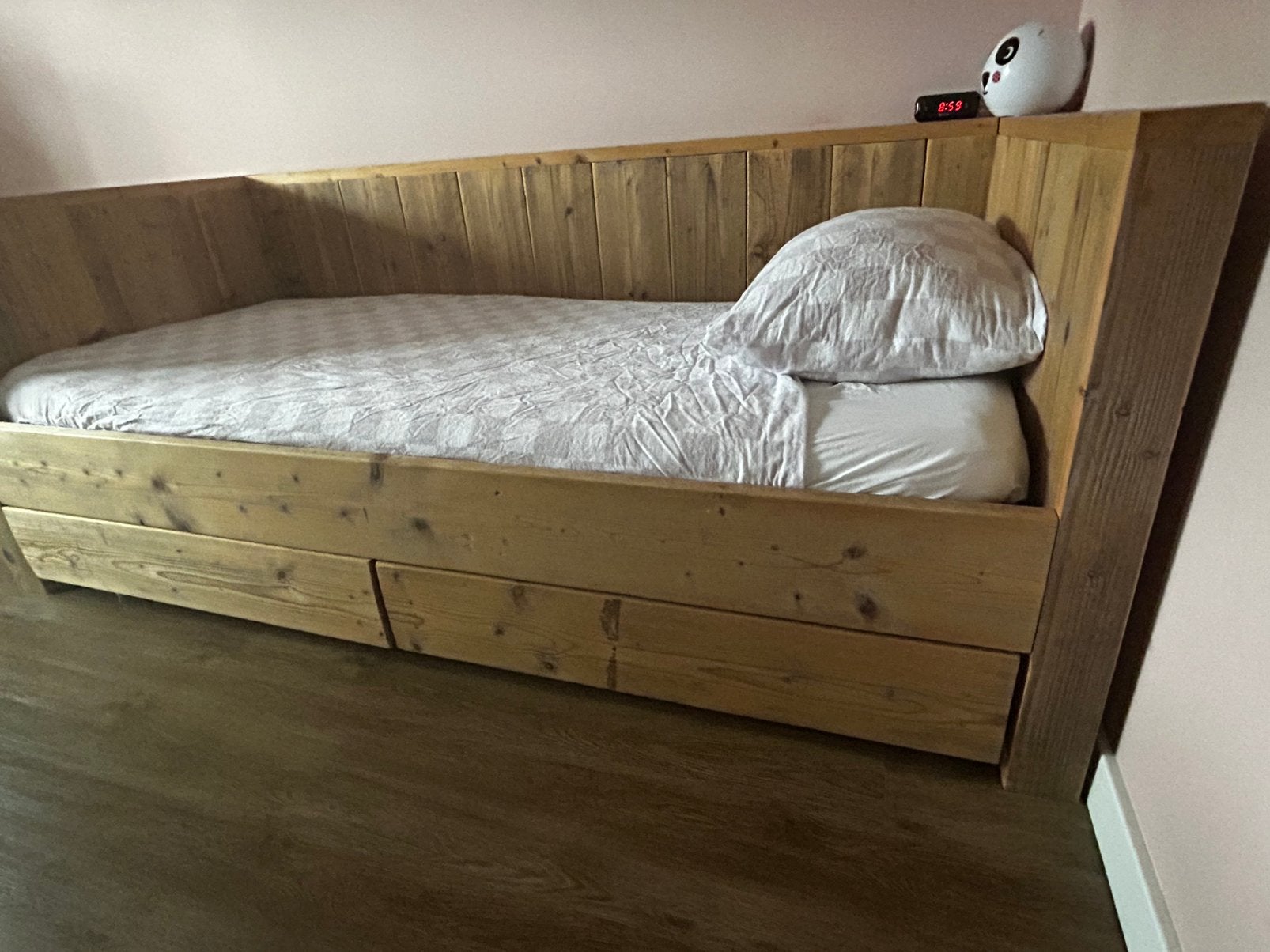 Steigerhouten bed met bedlades, Ophalen, 85 tot 100 cm, Gebruikt, Lattenbodem