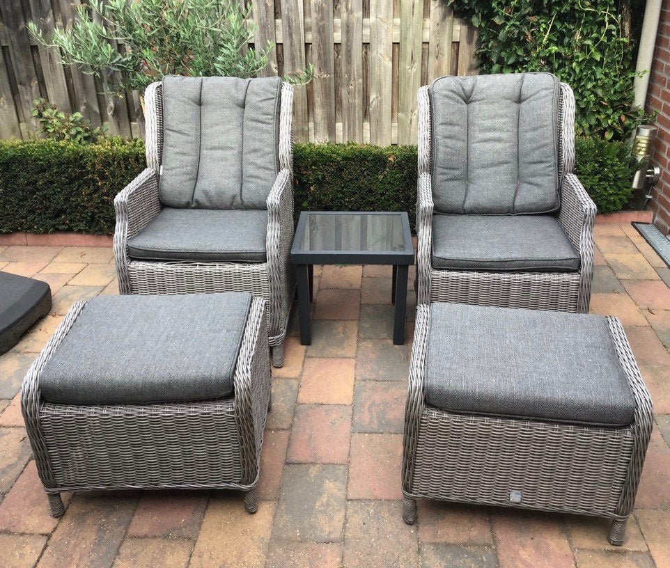 Te koop verstelbare tuinstoelen met voetenbanken/bijzettafel, Ophalen, Gebruikt, Rotan, Verstelbaar