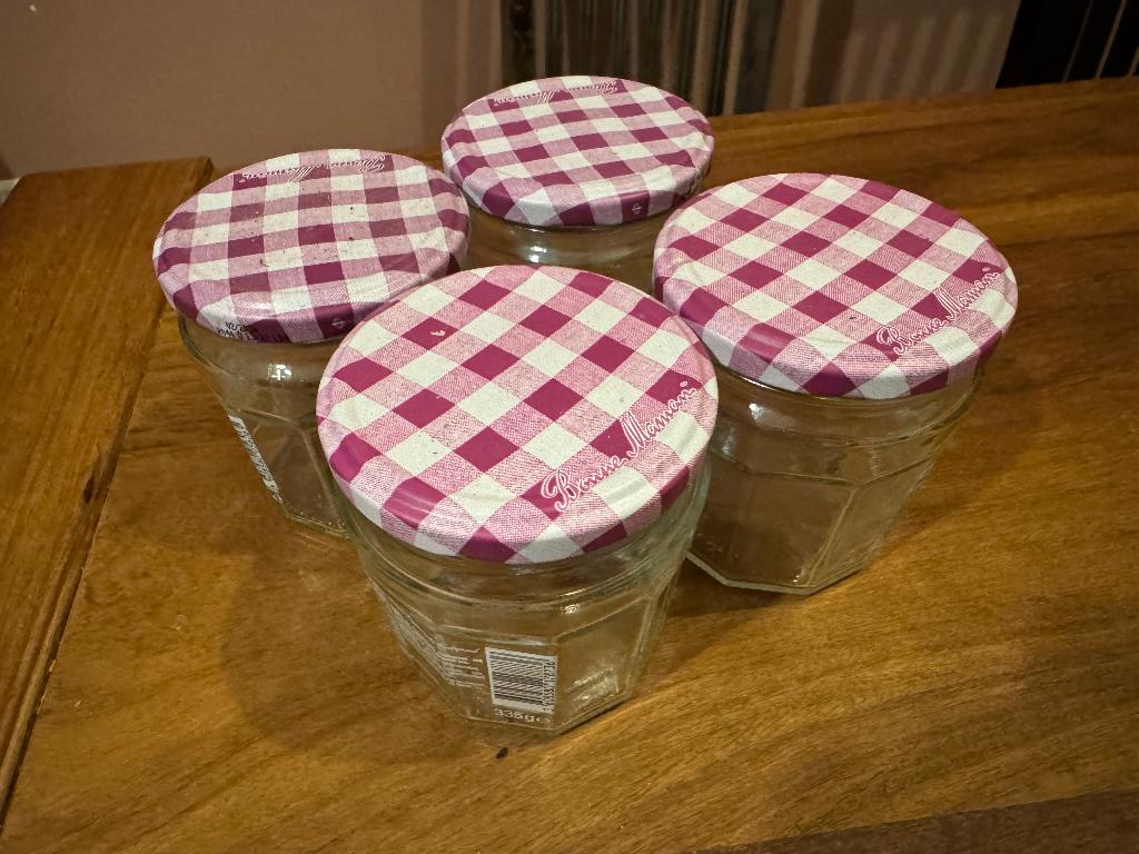 4 Lege Bonne Maman Jampotten met Deksel, Ophalen of Verzenden, Gebruikt