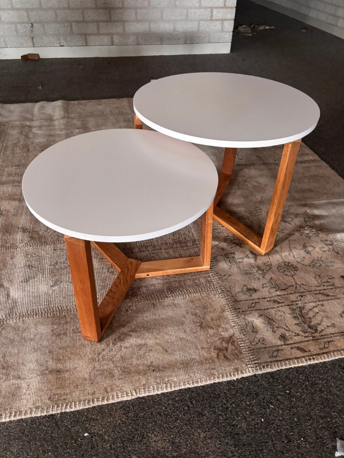 Salontafels set van 2 japandi hout met wit, Huis en Inrichting, Tafels | Salontafels, Ophalen of Verzenden, Zo goed als nieuw