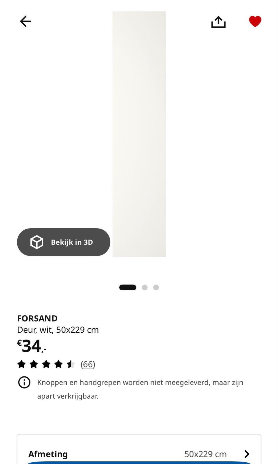 IKEA PAX Forsand deur wit 50x229 cm, Ophalen, Gebruikt, 200 cm of meer, 50 tot 100 cm