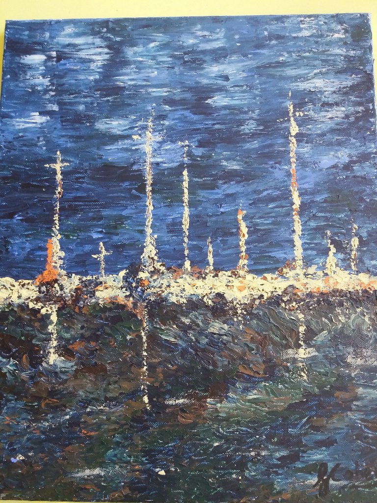 Schilderij Zeezicht, Acrylverf, Overig onderwerp, Textiel, Ophalen