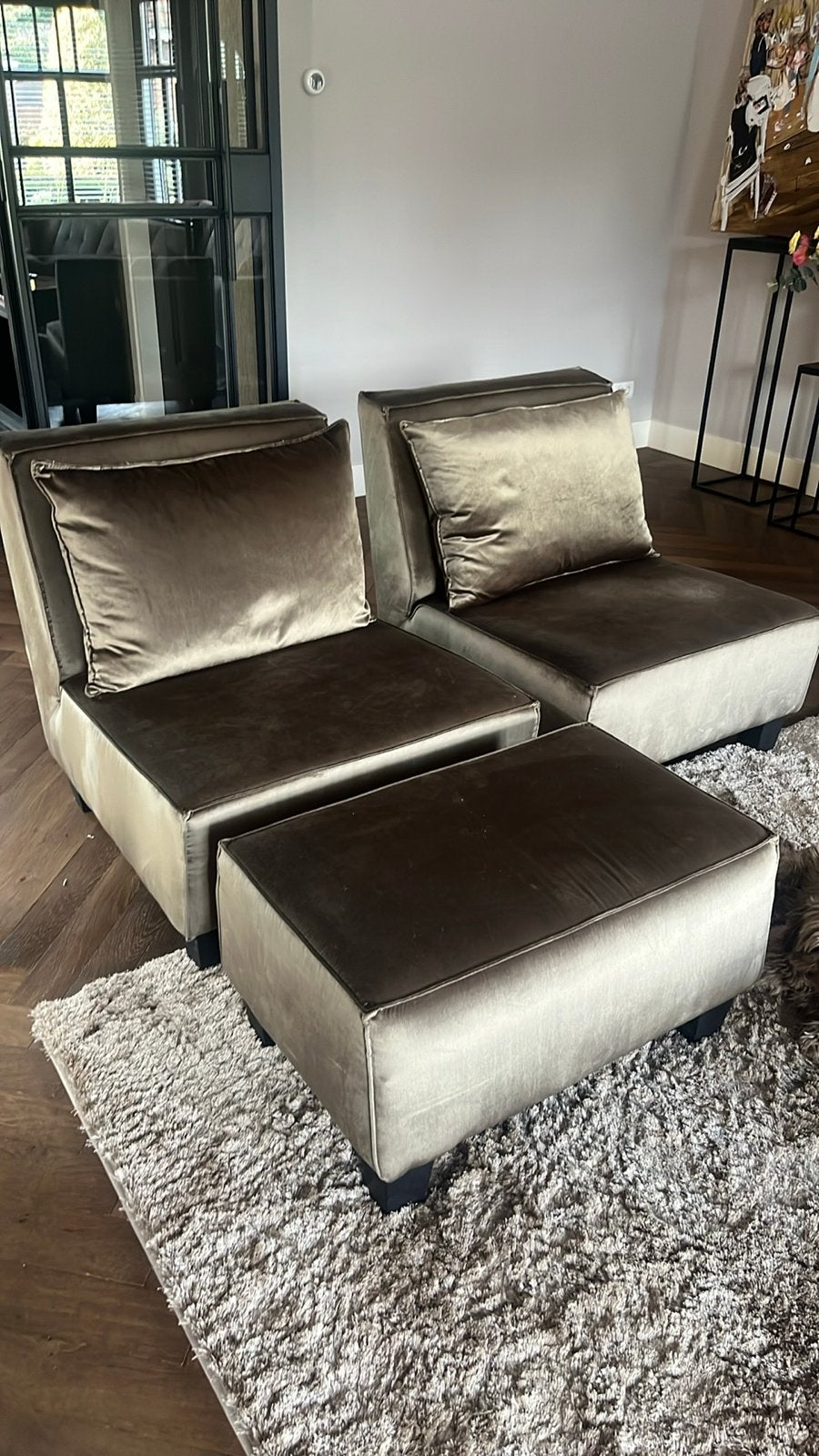Velvet fauteuils en poef - Groen/Grijs - Zeer goede staat, Tweepersoons, Ophalen of Verzenden, Zo goed als nieuw, Rechte bank