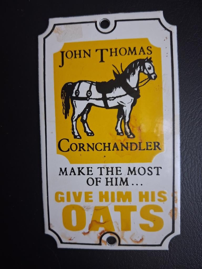 Vintage metalen emaille bordje John Thomas OATS, Verzamelen, Ophalen of Verzenden, Nieuw, Reclamebord
