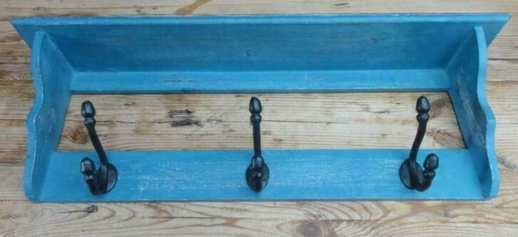 Landelijk blauw brocante keukenrekje met 3 haken, Ophalen of Verzenden