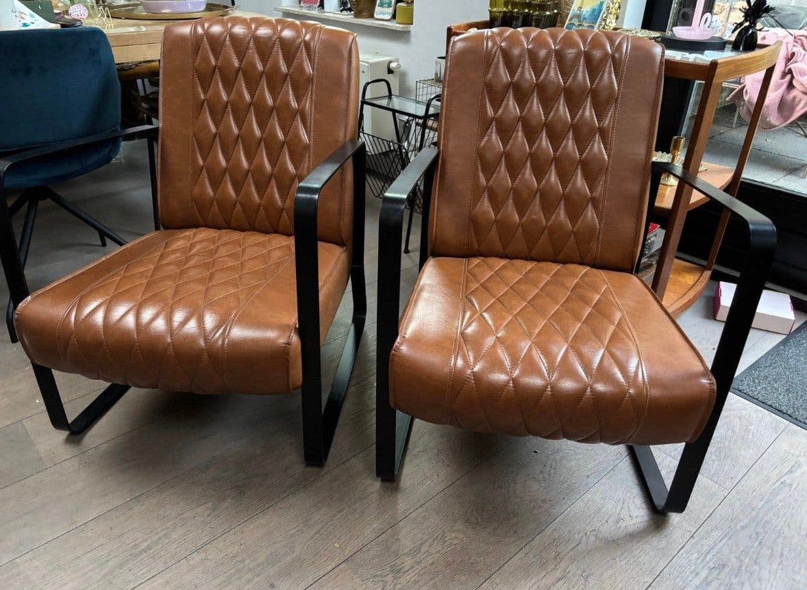 2 x Industriële fauteuil stoelen Cognac, Kunstleder , Bruin, Ophalen, ., Minder dan 75 cm, .