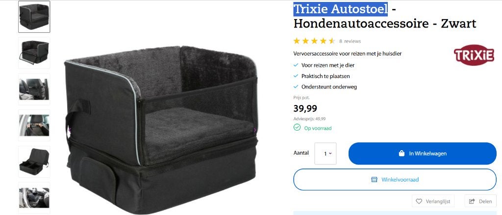 Honden autostoel Trixie, Ophalen of Verzenden, Zo goed als nieuw, Stof