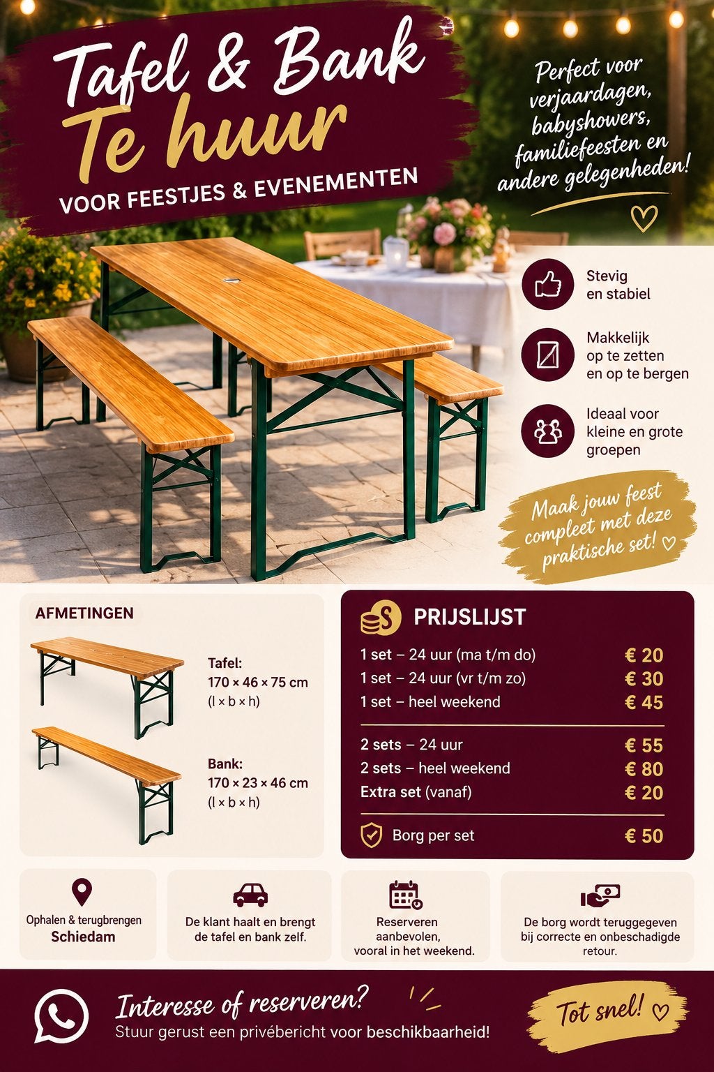 TAFEL + 2 BANKEN TE HUUR – PERFECT VOOR FEESTJES!, Ophalen, Zo goed als nieuw