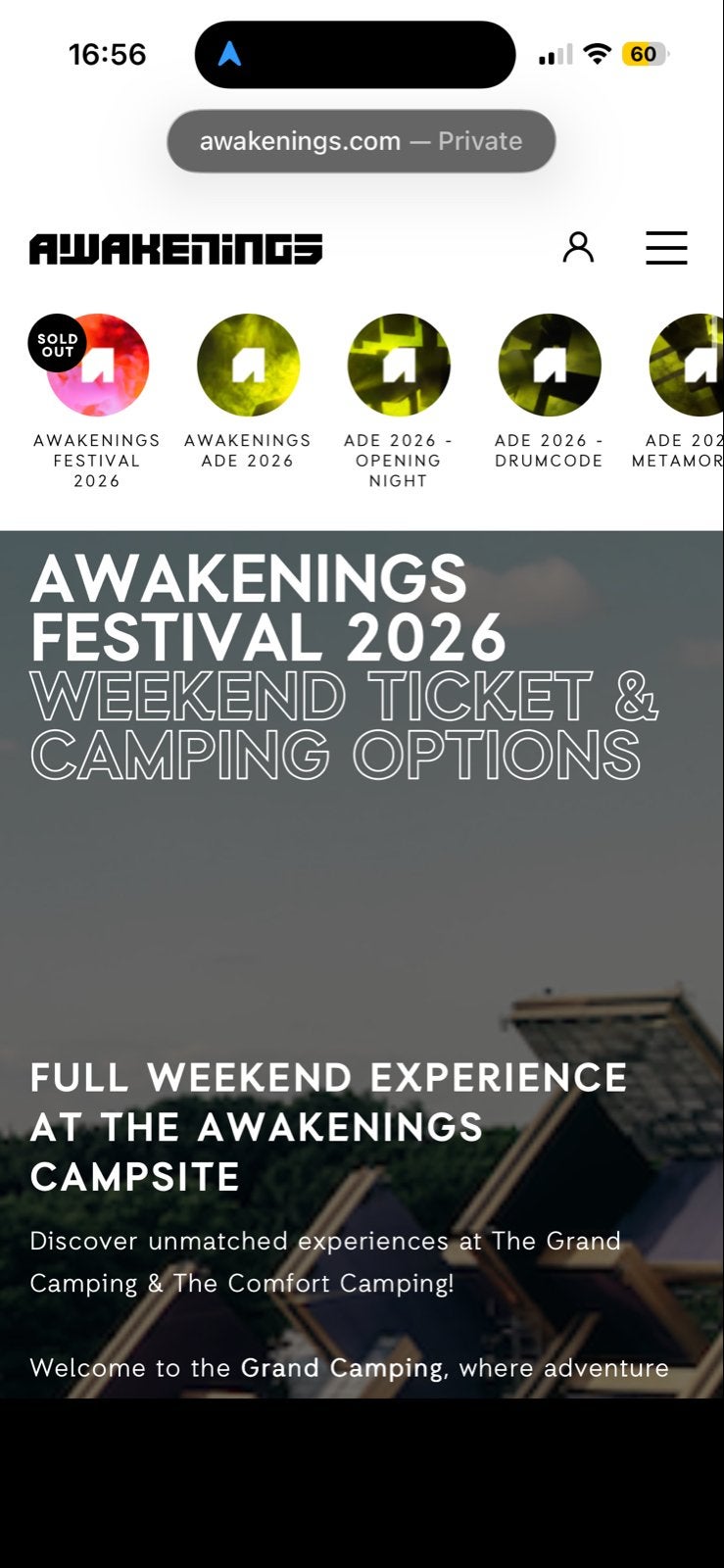Awakenings Comfort Camping Ticket (3 dagen), Eén persoon