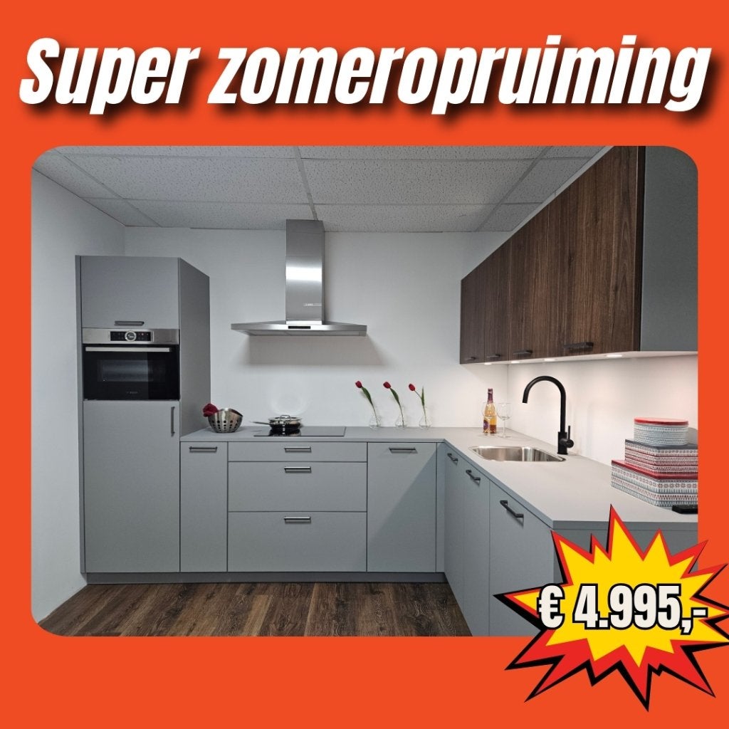 Hoek showroomkeuken parelgrijs compleet met Bosch apparatuur, Ophalen, 200 cm of meer, Nieuw, 200 cm of meer