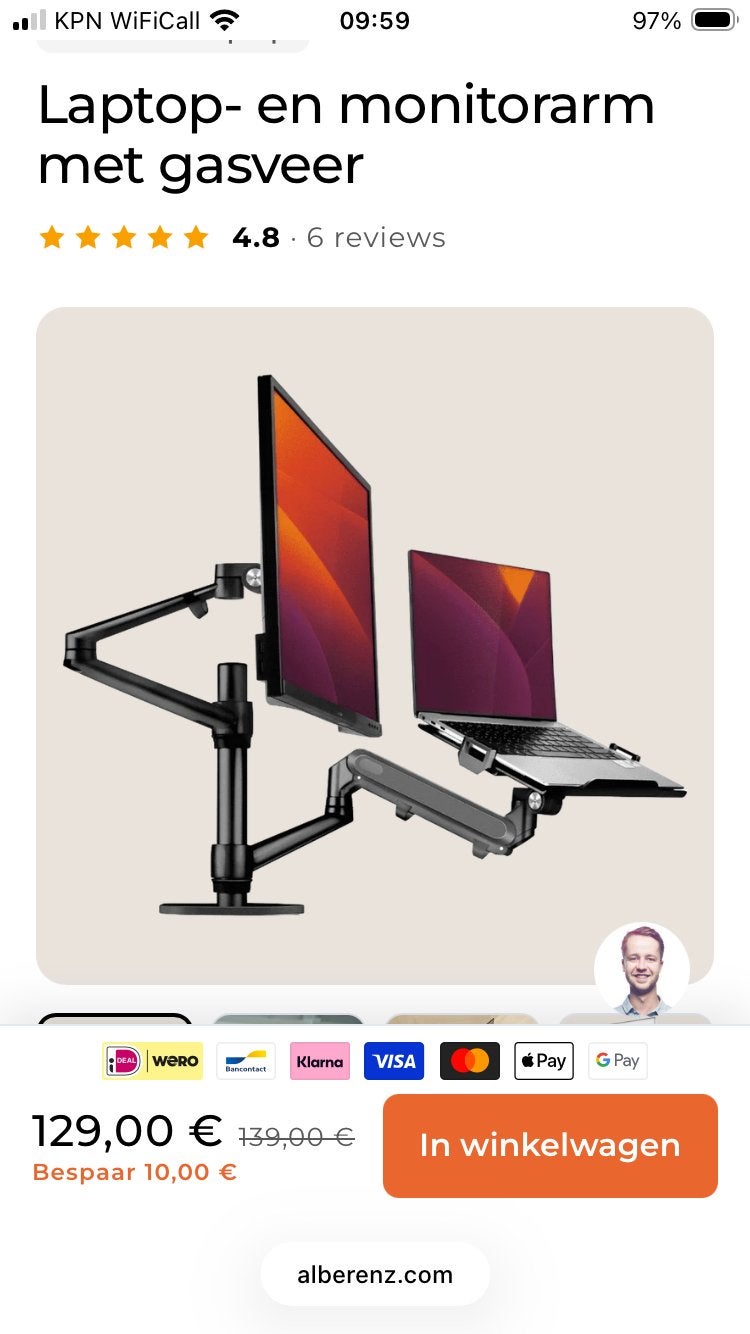 Alberenz Laptop- en monitorarm met gasveer, Computers en Software, Laptopstandaarden, Ophalen of Verzenden, Nieuw, In diepte verstelbaar