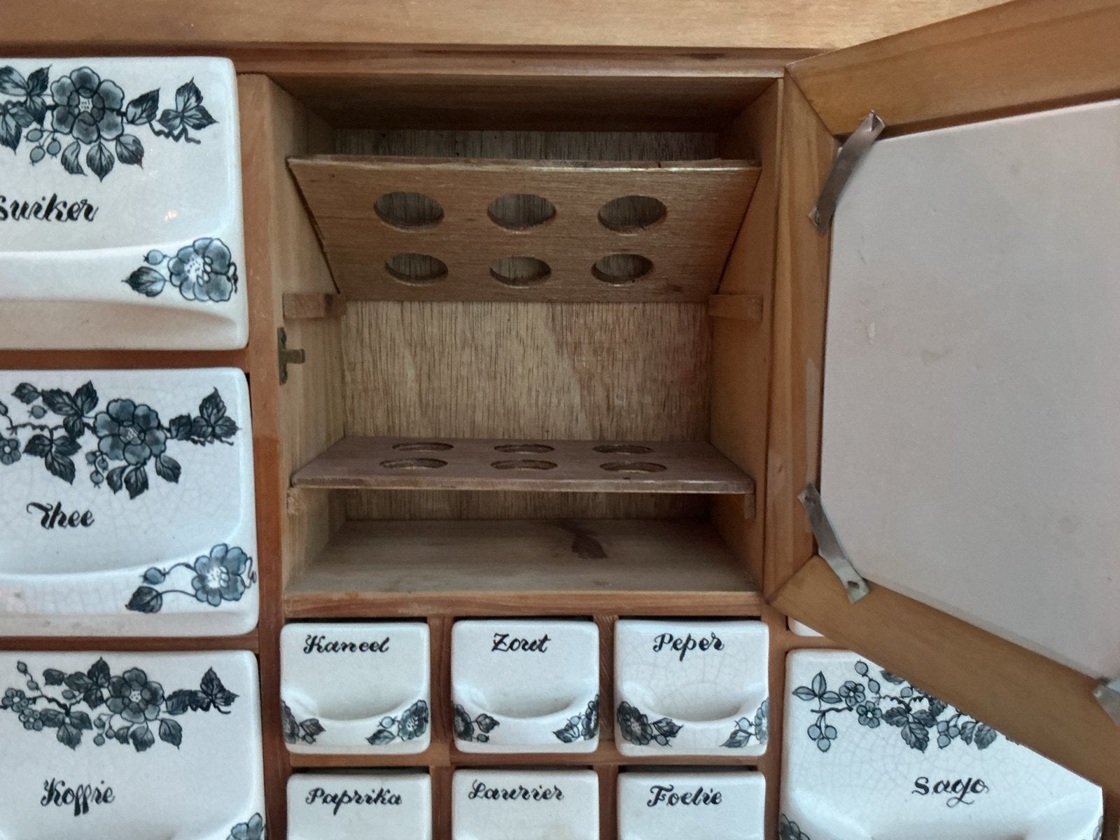 Vintage kruidenrek met porseleinen lades, Ophalen of Verzenden