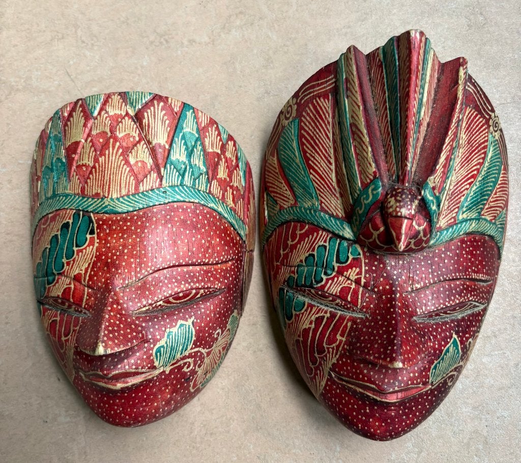 Twee kleine topeng maskers / wanddecoratie, Indonesië, Hout, Versierd, Masker, Ophalen of Verzenden