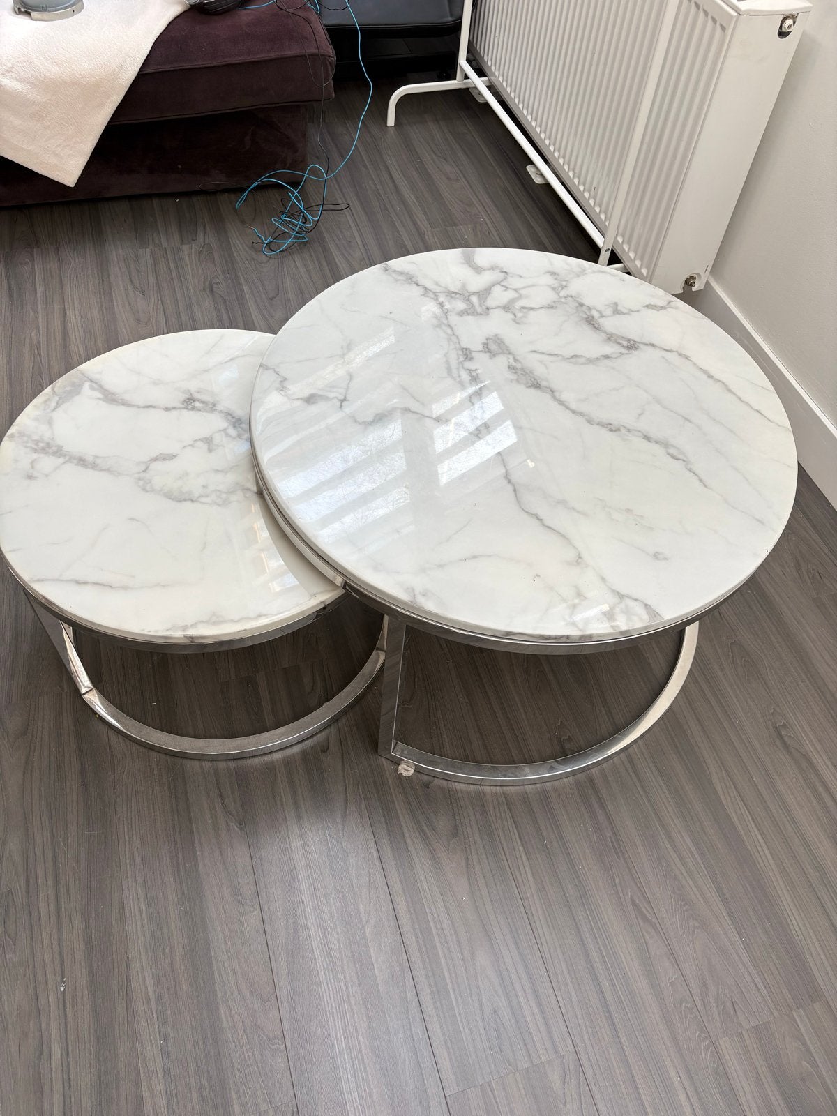 Set van 2 marmerlook salontafels, rond, Ophalen, Minder dan 45 cm, Metaal of Aluminium, Rond