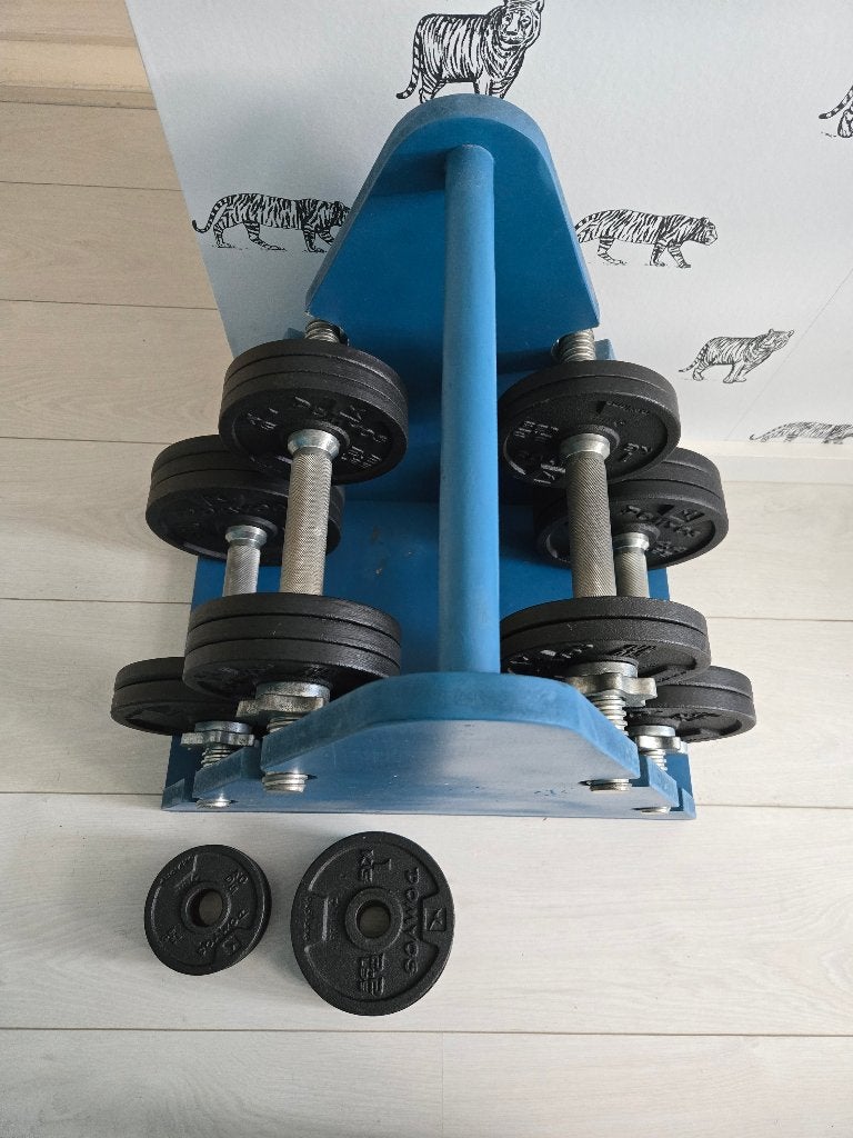 Domyos halters + houten halterrek, Sport en Fitness, Fitnessmaterialen, Ophalen, Gebruikt, Benen, Halterset